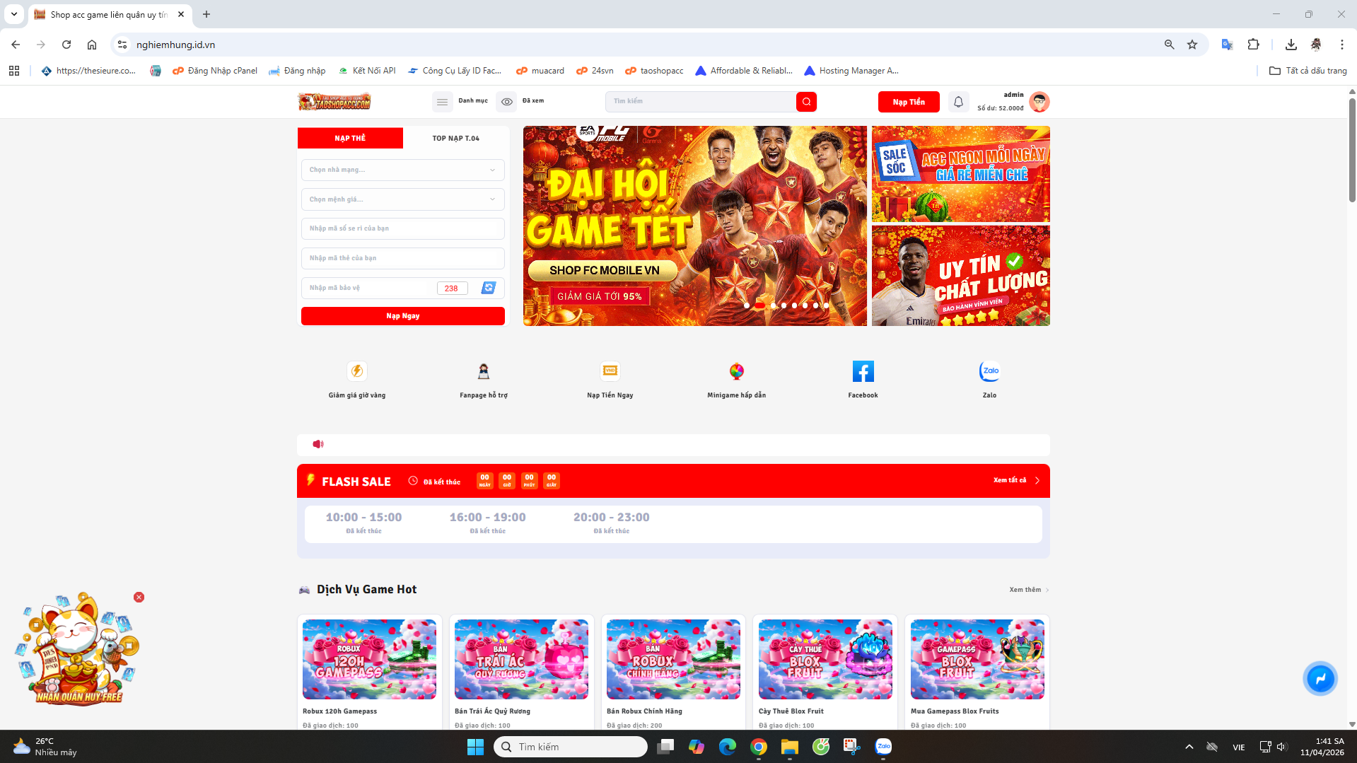 Tạo Shop Game Tự Động Roblox, Liên Quân, Free Fire, FC Mobile Card Bank Tự Động Miễn Phí Bản Xịn
